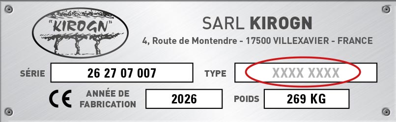 Emplacement du numéro de type sur la plaque constructeur Kirogn